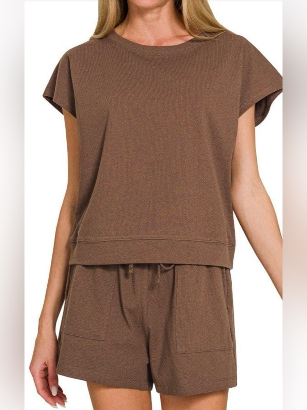 NWOT Zenana Outfitters Brown Short Sleeve Lounge Top & Shorts Set
